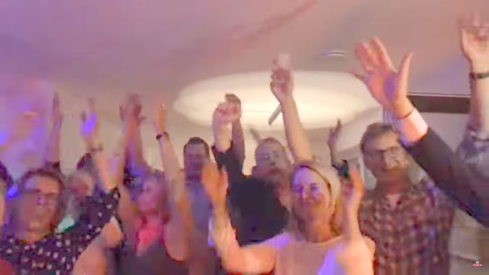 Ausgelassene Partygäste heben die Arme beim Tanz.